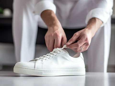 white sneakers with a man wearing white suit