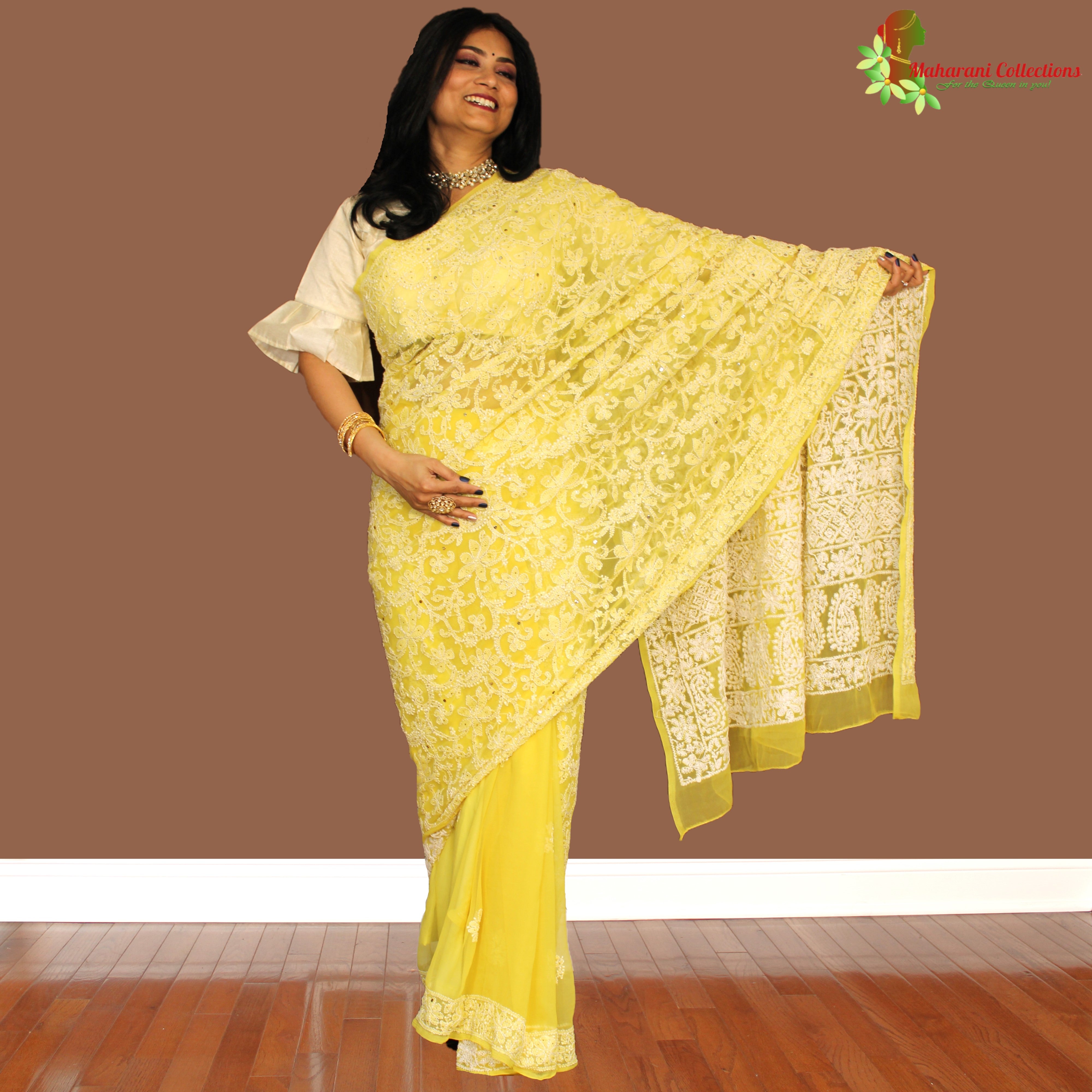 Buy Green Hand Embroidered Lucknowi Chikankari Saree (With Blouse -Viscose  Georgette) 14623 | www.maanacreation.com