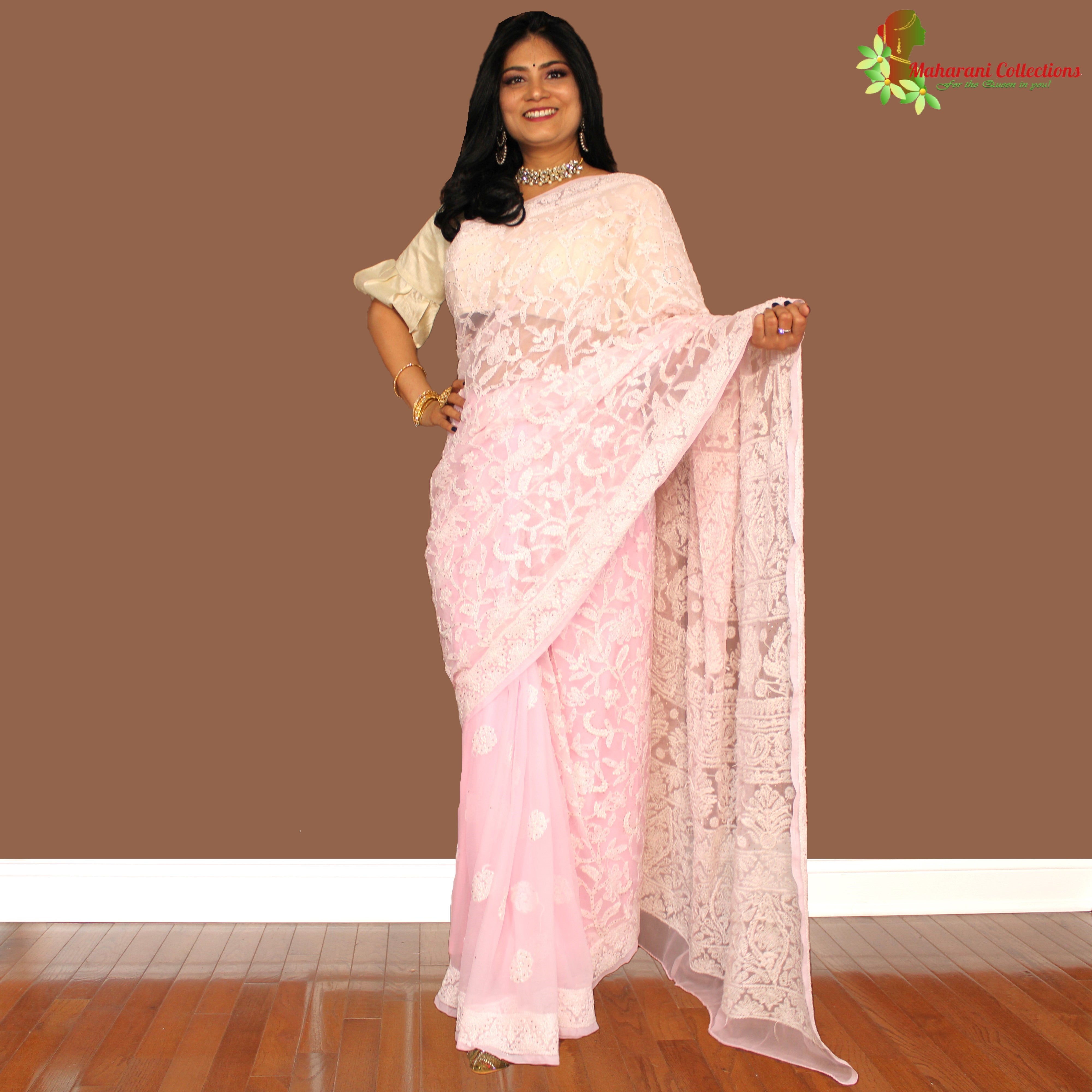 Shop Off White Lucknowi Chikankari Georgette Saree Online in USA – Pure  Elegance