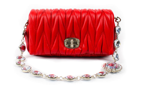 Pamo Cindy Red Candy Apple Quilted Sheepskin Clutch with Jewel Chain