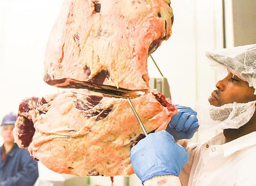 Butcher cutting from a hanging slab of meat