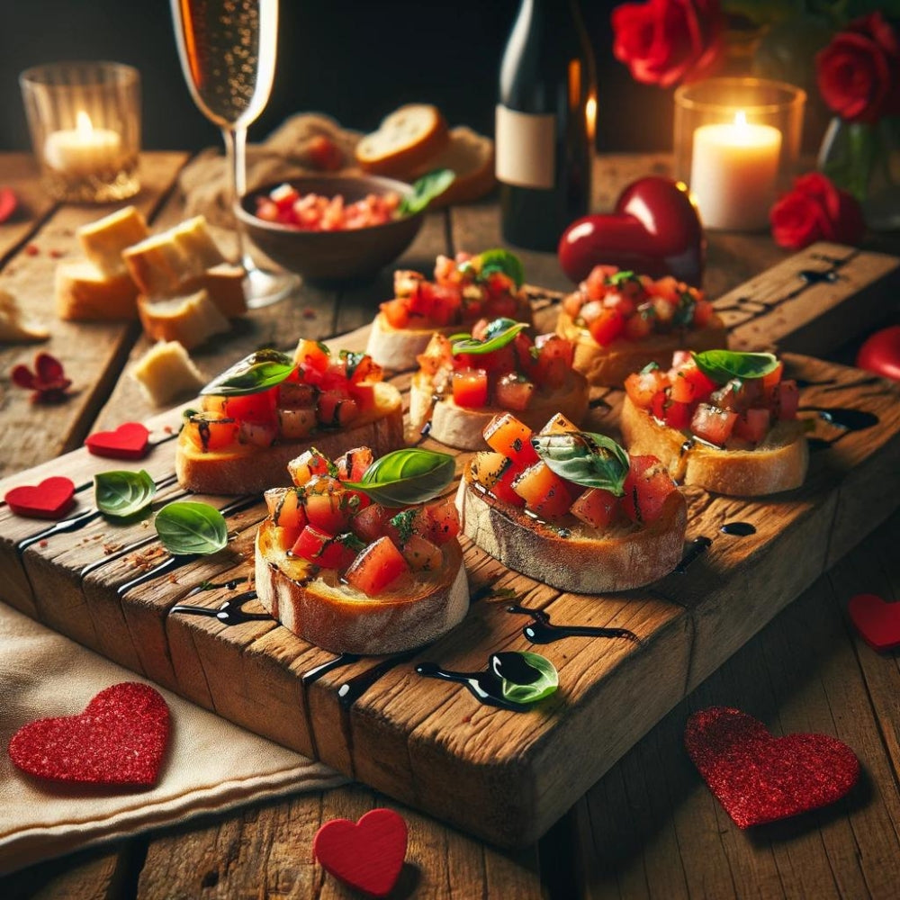romantische bruschetta, tomaat basilicum bruschetta, Valentijnsdag voorgerecht, geroosterd ciabattabrood, bruschetta met balsamico, Italiaanse liefdeshapjes