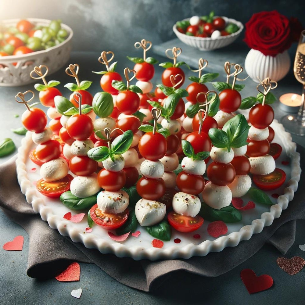 hartvormige Caprese, romantische Caprese salade, Valentijnsdag hapjes, mozzarella en tomaat, basilicum liefdesbeten, Caprese met balsamico glazuur
