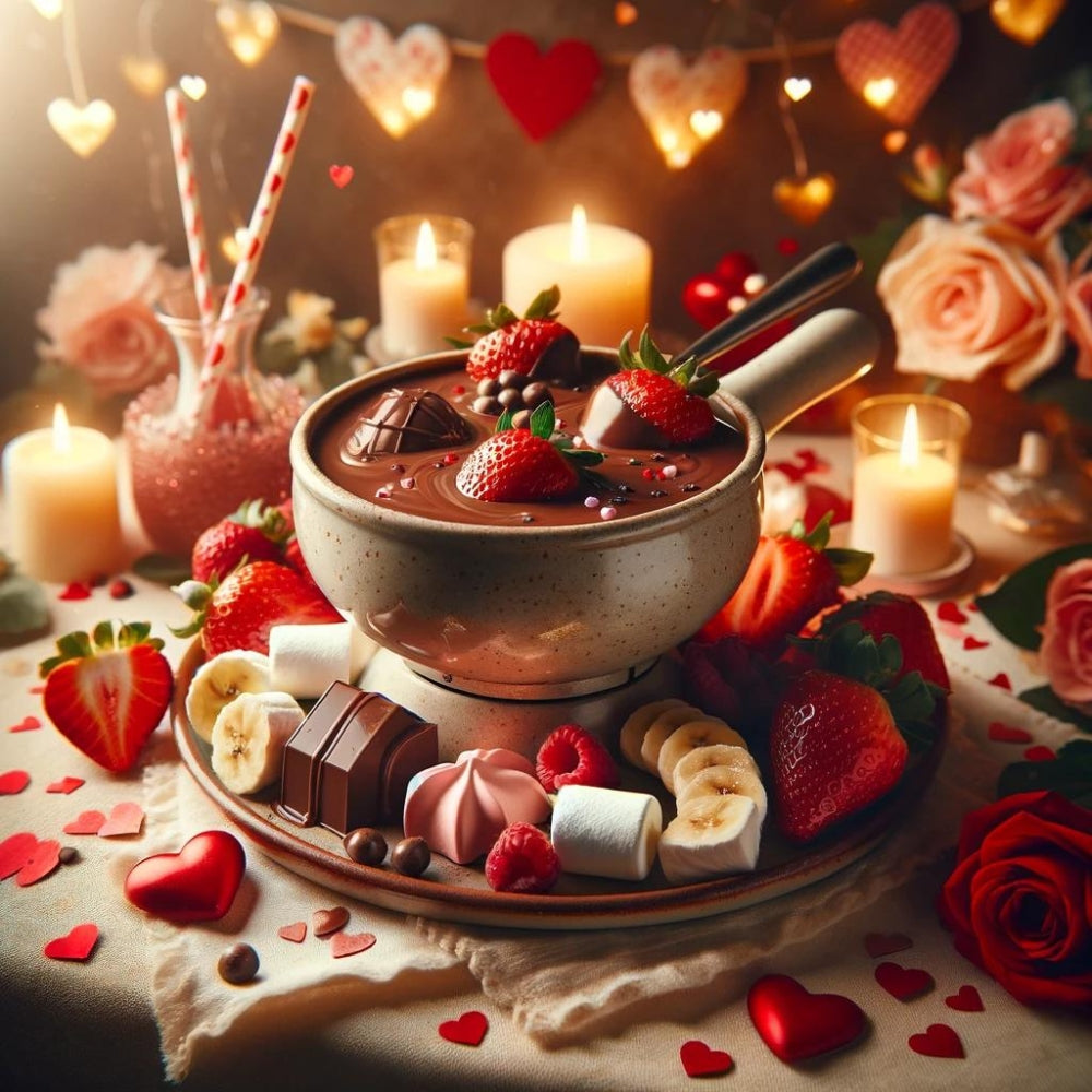 Valentijnsdag chocoladefondue, romantische fondue set, chocoladefondue met fruit, zoete verleiding chocolade, liefdesfondue, marshmallow en fruitdip