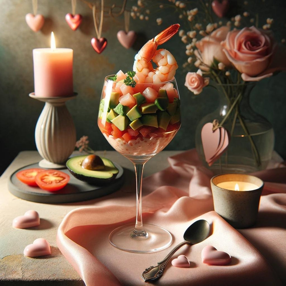garnalencocktail in glaasjes, Valentijn garnalencocktail, Cupido's hapjes, avocadogarnalen cocktail, romantische zeevruchtenhapjes, garnalencocktail met cocktailsaus