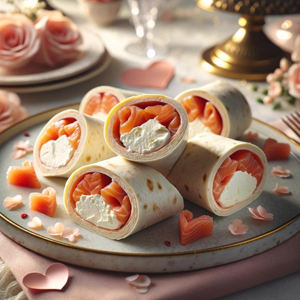 zalm roomkaas rolletjes, Valentijnsdag zalmhapjes, verstrengelde zalmrolletjes, gerookte zalm wraps, liefdevolle zalmhapjes, romantische tortillarolletjes