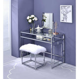 Carenze II Curio Cabinet in White Faux Fur Stool & Chrome Vanity Desk