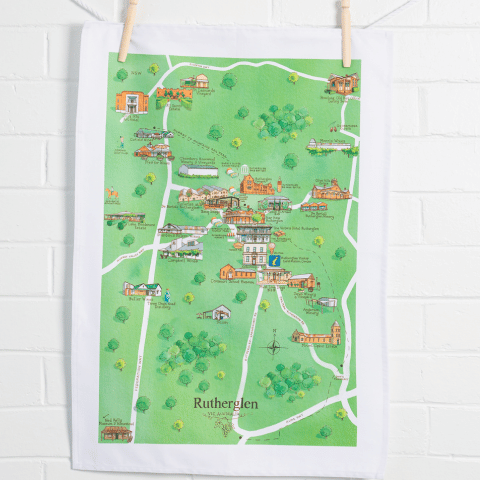 Rutherglen wine region map tea towel suspended on wall