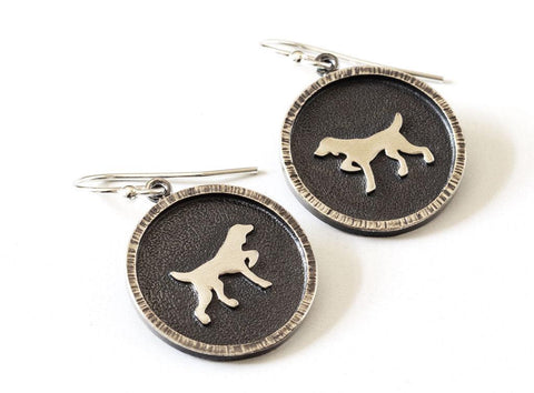 pair of silver Oxidized Pointing Vizsla dangle earrings
