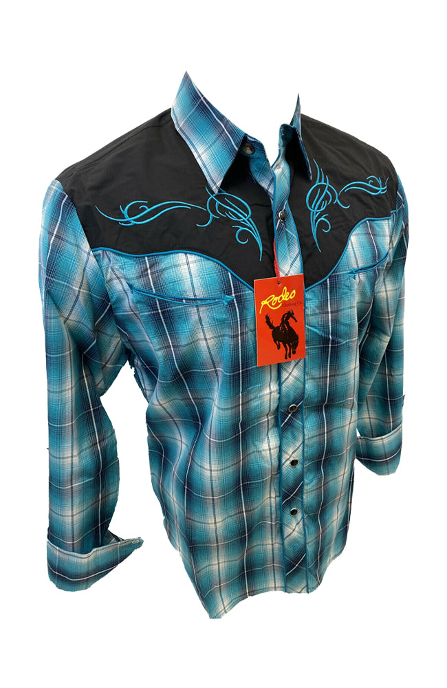 Men RODEO WESTERN COUNTRY BLACK TEAL GREEN LUCKY HORSESHOE Shirt Cowboy