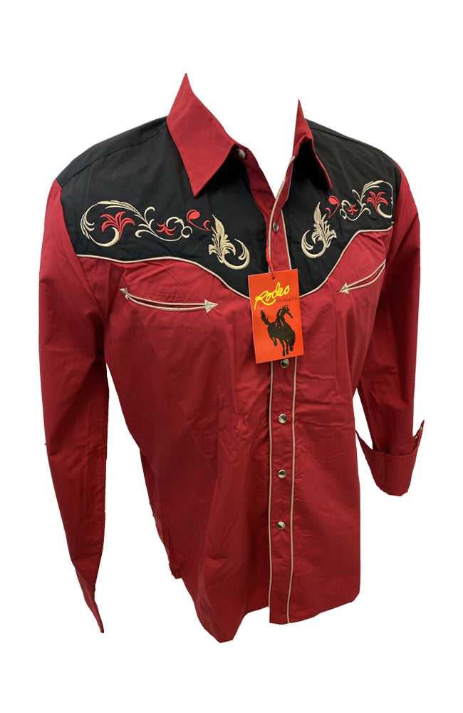 Men RODEO WESTERN COUNTRY RED BLACK LUCKY HORSESHOE Shirt Cowboy