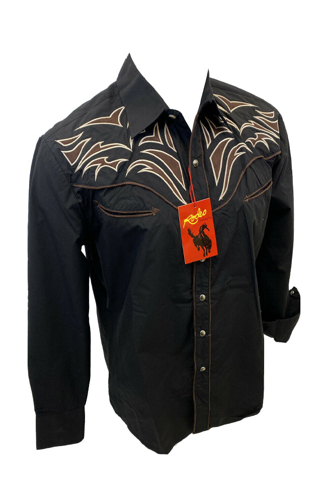 Men RODEO WESTERN COUNTRY BLACK BROWN TRIBAL STITCH LUCKY HORSESHOE Shirt Cowboy