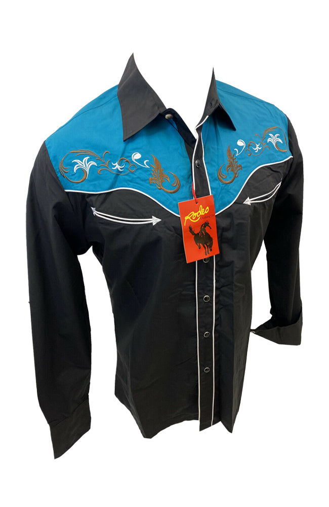 Men RODEO WESTERN COUNTRY BLUE GOLD LUCKY HORSESHOE Shirt Cowboy