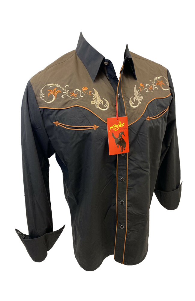 Men RODEO WESTERN COUNTRY BLACK BROWN LUCKY HORSESHOE Shirt Cowboy