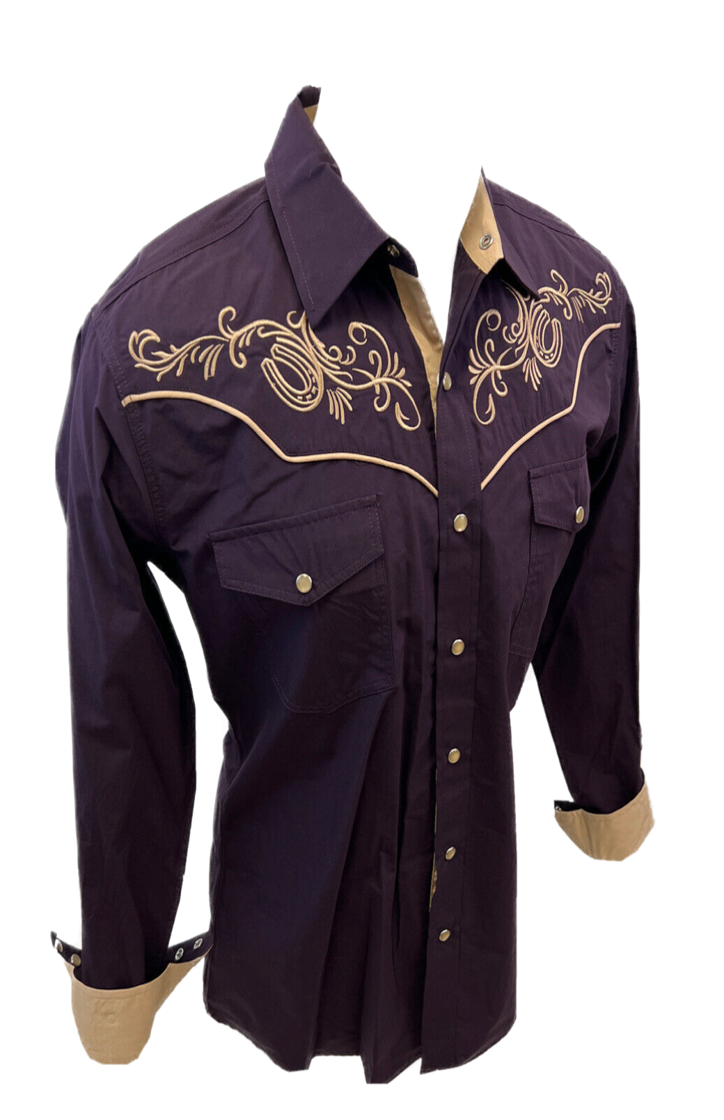 Mens RODEO WESTERN COUNTRY PLUM PURPLE GOLD HORSESHOE TRIBAL LUCKY EMBROIDERED Shirt Cowboy