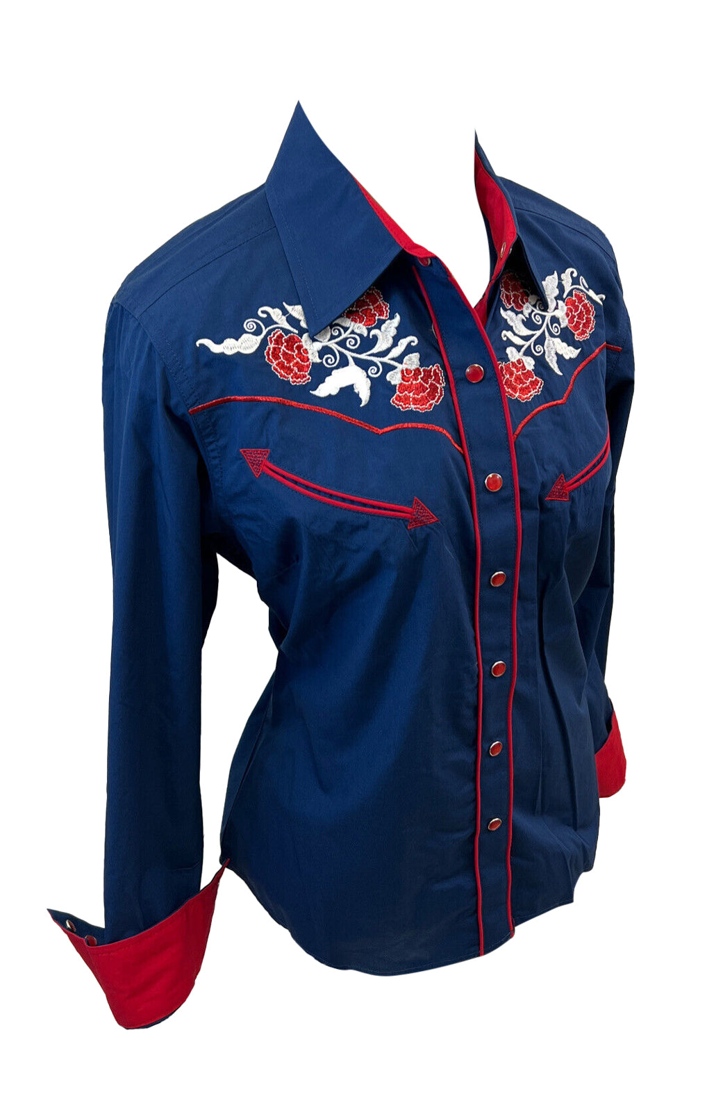 Womens RODEO WESTERN FLORAL NAVY BLUE RED WHITE TRIBAL STITCH Long Sleeve SNAP UP Western Cowgirl Shirt