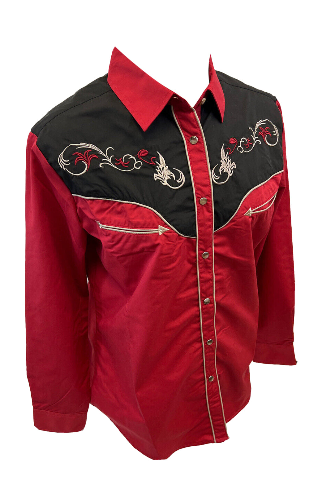 Womens RODEO WESTERN FLORAL RED BLACK HORSESHOE TRIBAL STITCH Long Sleeve SNAP UP Western Cowgirl Shirt