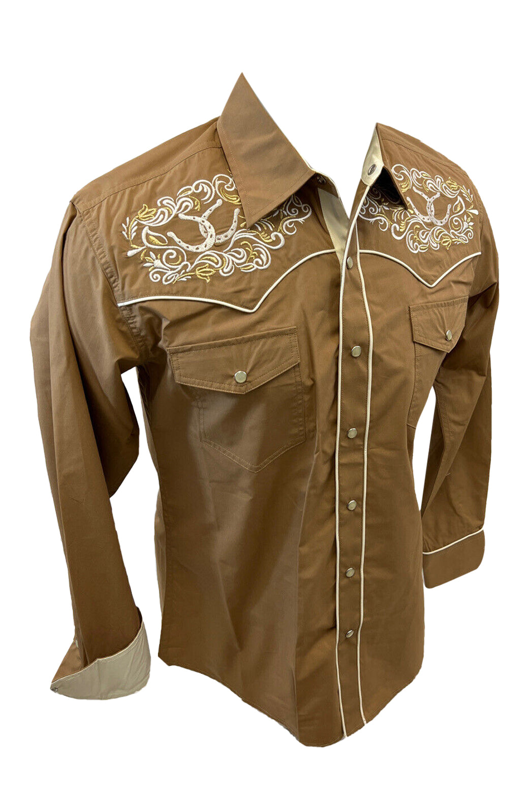 Mens RODEO WESTERN COUNTRY HORSESHOE TRIBAL TAUPE GOLD WHITE STITCH LUCKY LASSO Shirt Cowboy