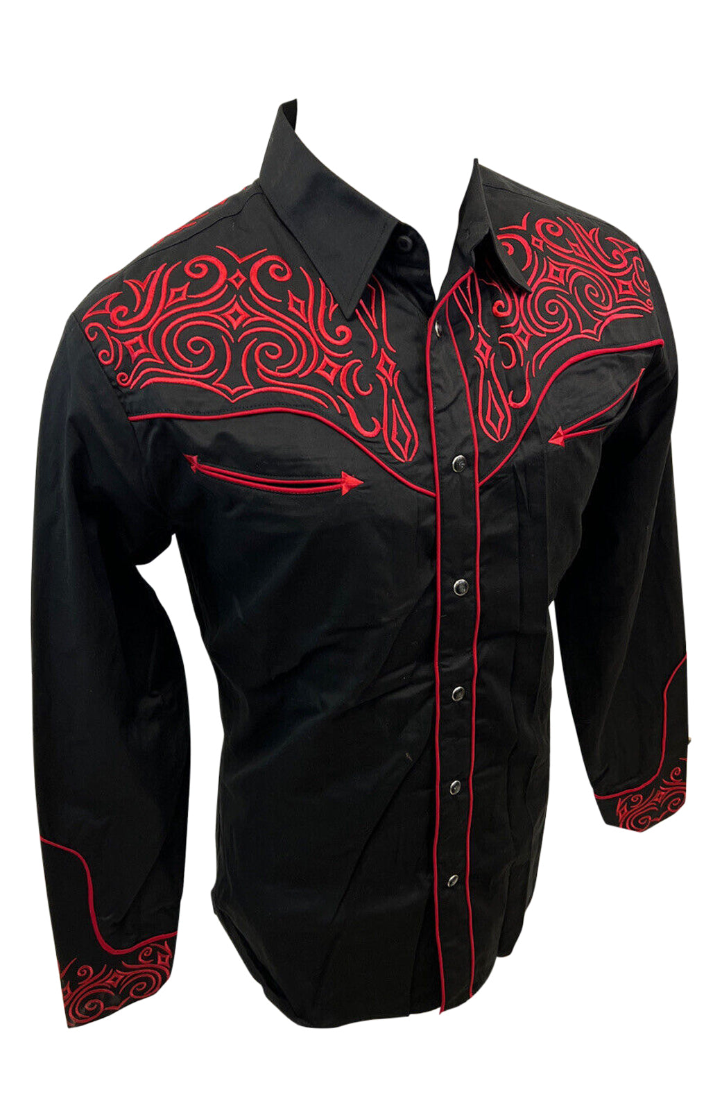 Mens RODEO WESTERN COUNTRY BLACK RED STITCH TRIBAL LUCKY HORSESHOE Shirt Cowboy