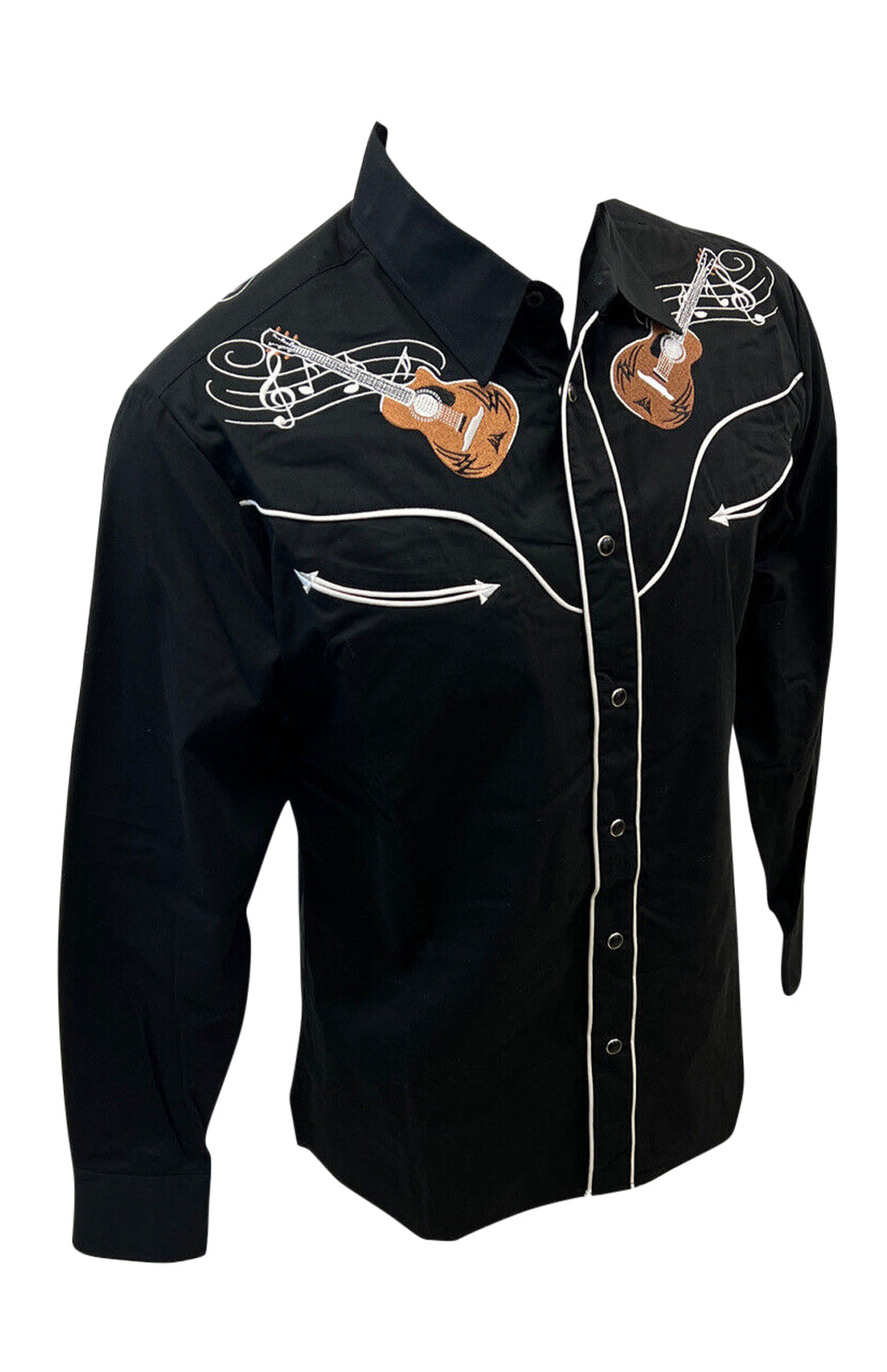 Mens RODEO WESTERN COUNTRY GUITAR BLACK WHITE GOLD STITCH TRIBAL LUCKY HORSESHOE Shirt Cowboy