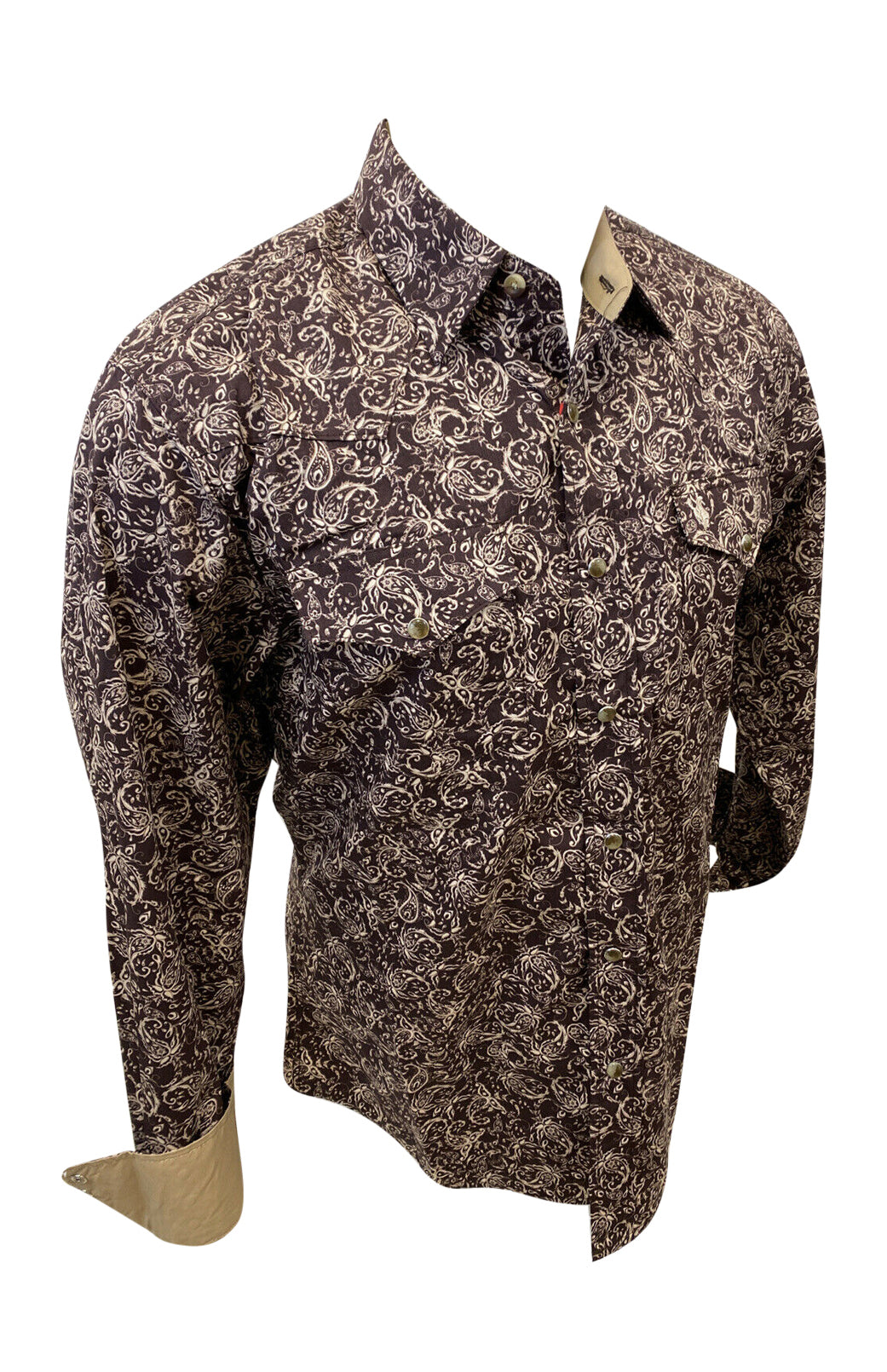 Men RODEO WESTERN COUNTRY BROWN ALL OVER PAISLEY SNAP UP FRONT POCKETS Shirt Lucky Cowboy