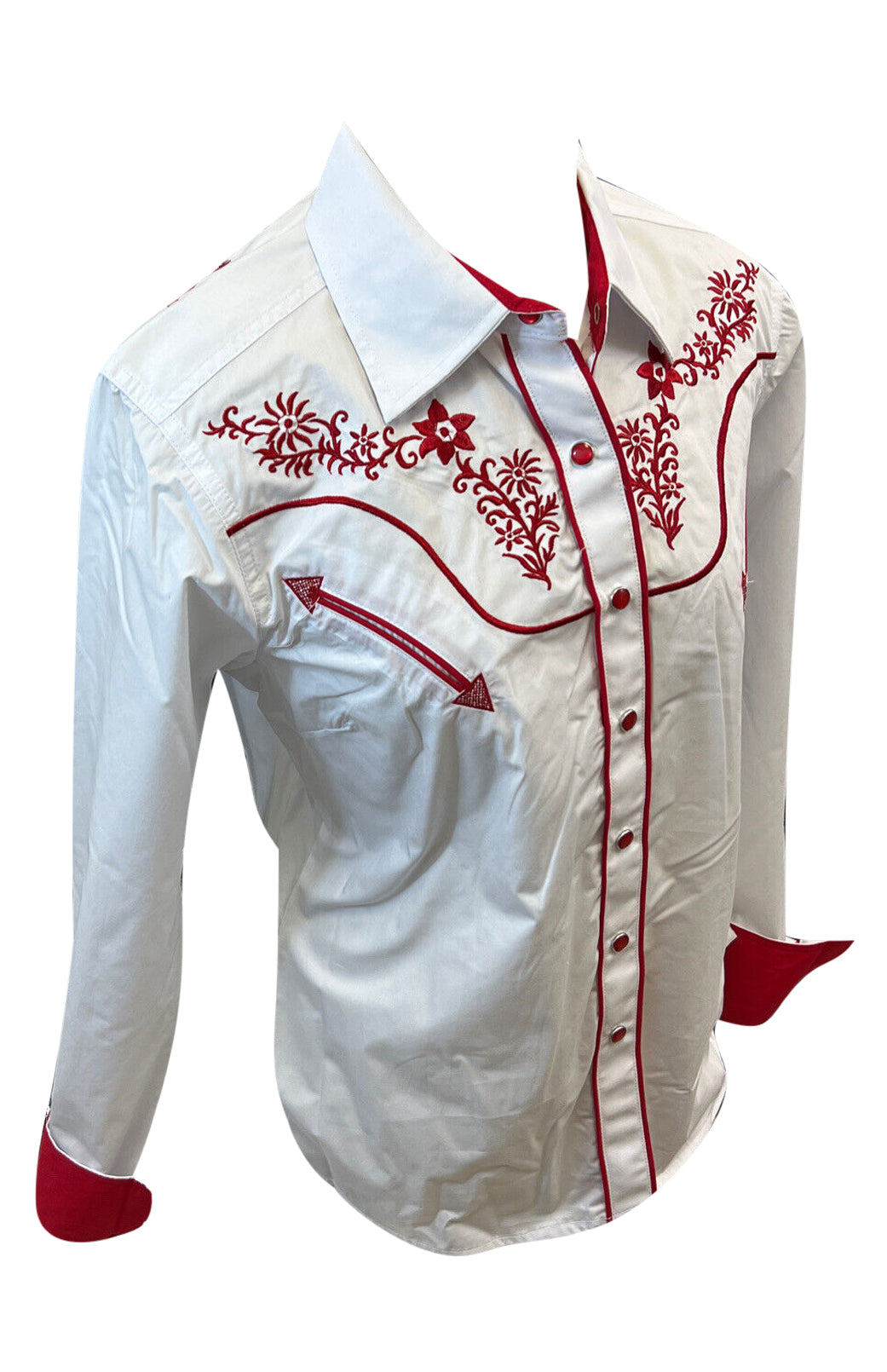 Womens RODEO WESTERN FLORAL WHITE RED TRIBAL STITCH Long Sleeve SNAP UP Western Cowgirl Shirt