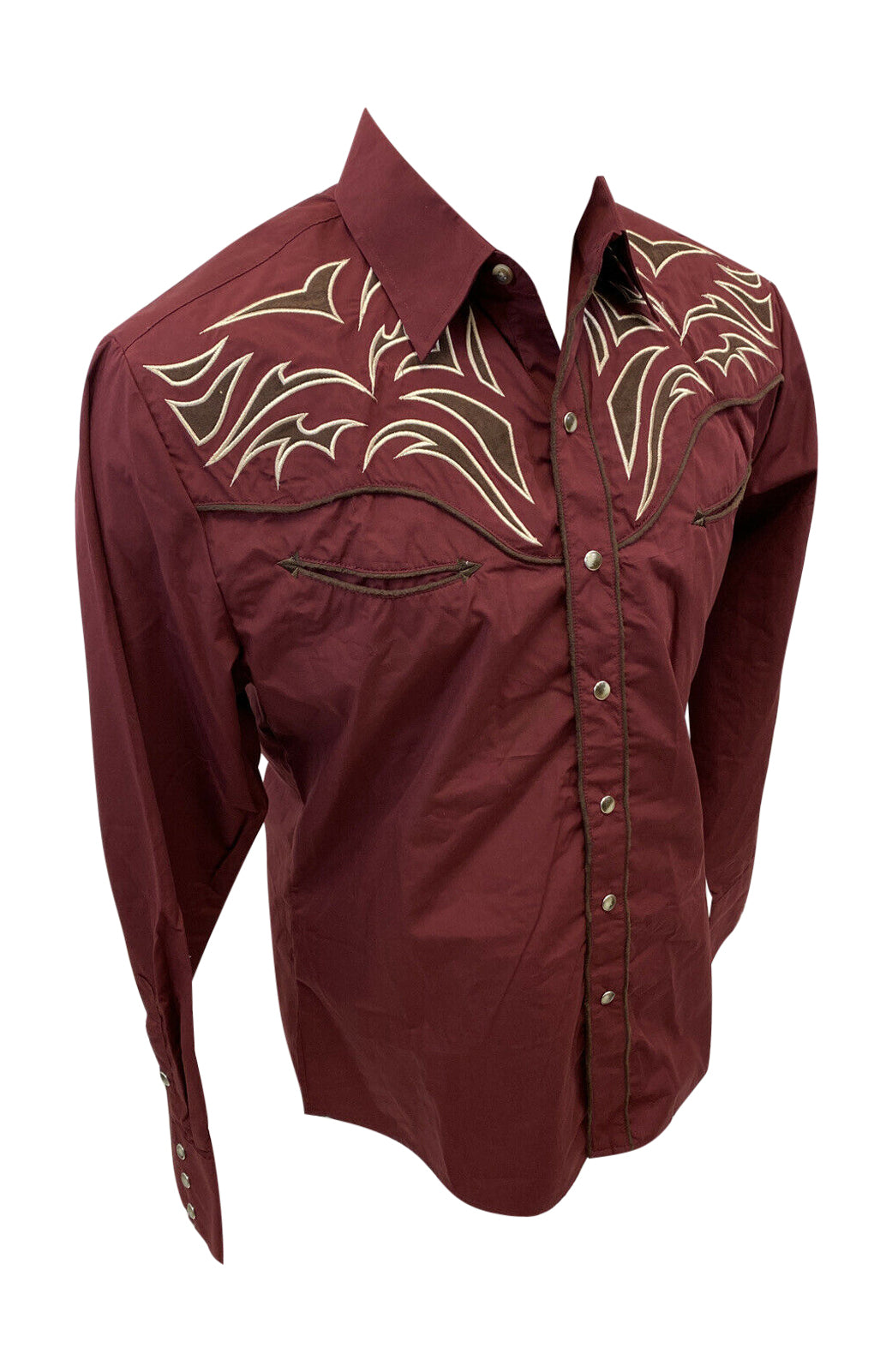 Men RODEO WESTERN COUNTRY BURGUNDY BROWN STITCH LUCKY TRIBAL HORSESHOE Shirt Cowboy