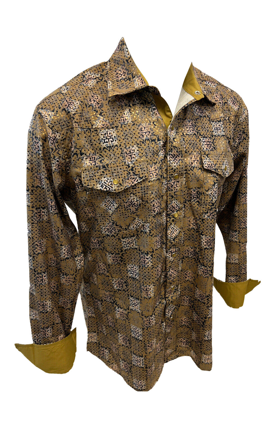 Mens RODEO WESTERN COUNTRY GOLD KHAKI PAISLEY FLORAL SNAP UP BUTTON DOWN SHIRT