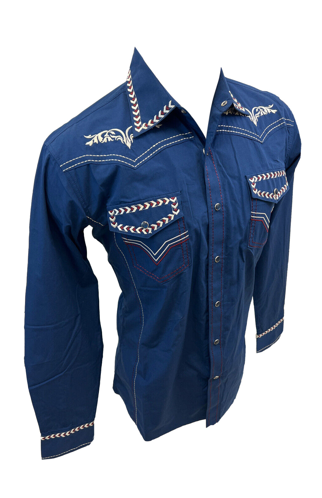 Mens RODEO WESTERN COUNTRY NAVY BLUE WHITE RED TRIBAL EMBROIDERY STITCH LUCKY Shirt Cowboy