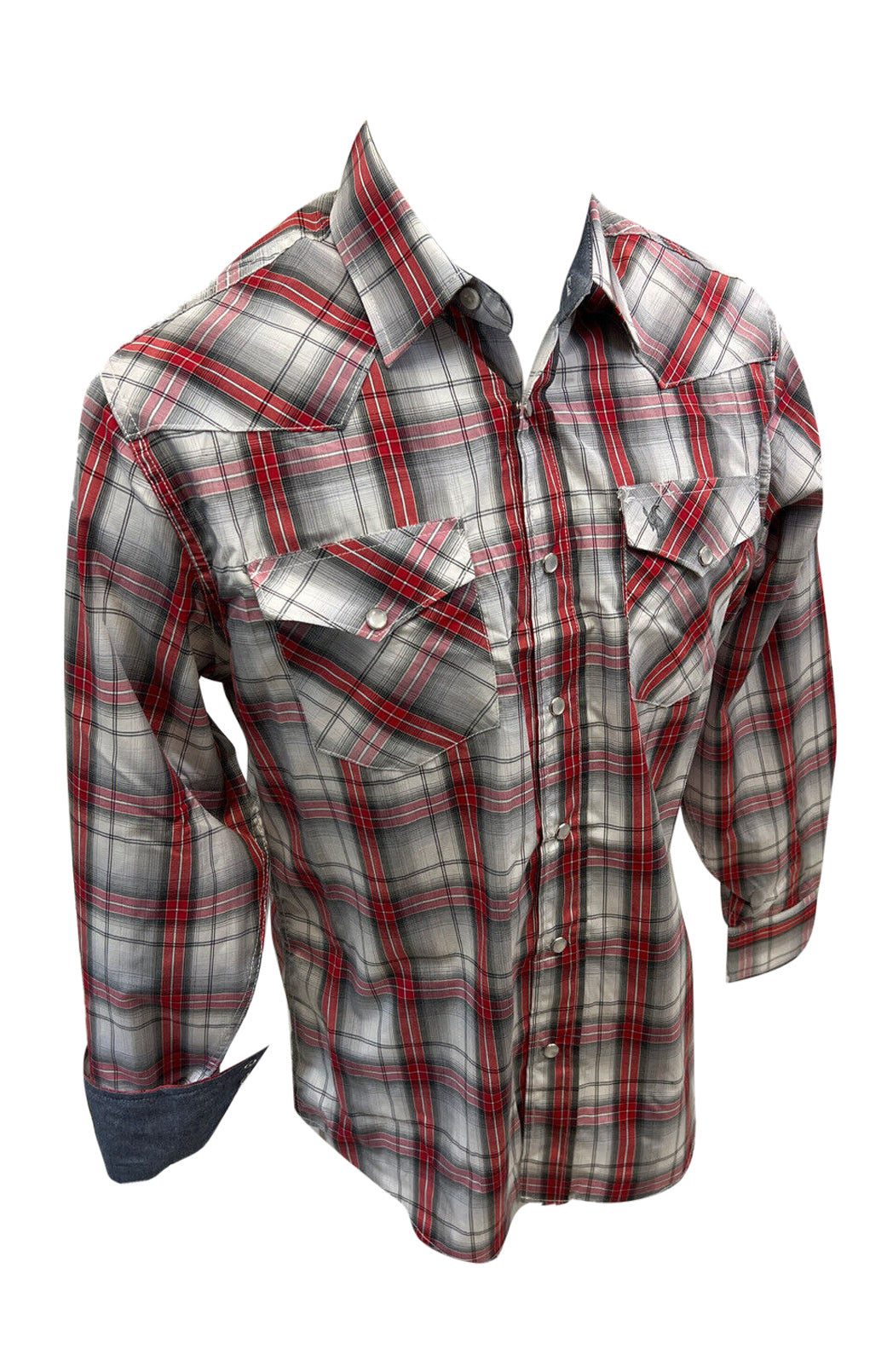 Mens RODEO WESTERN COUNTRY RED GREY WHITE PLAID PEARL SNAP UP FRONT POCKETS Shirt Lucky Cowboy