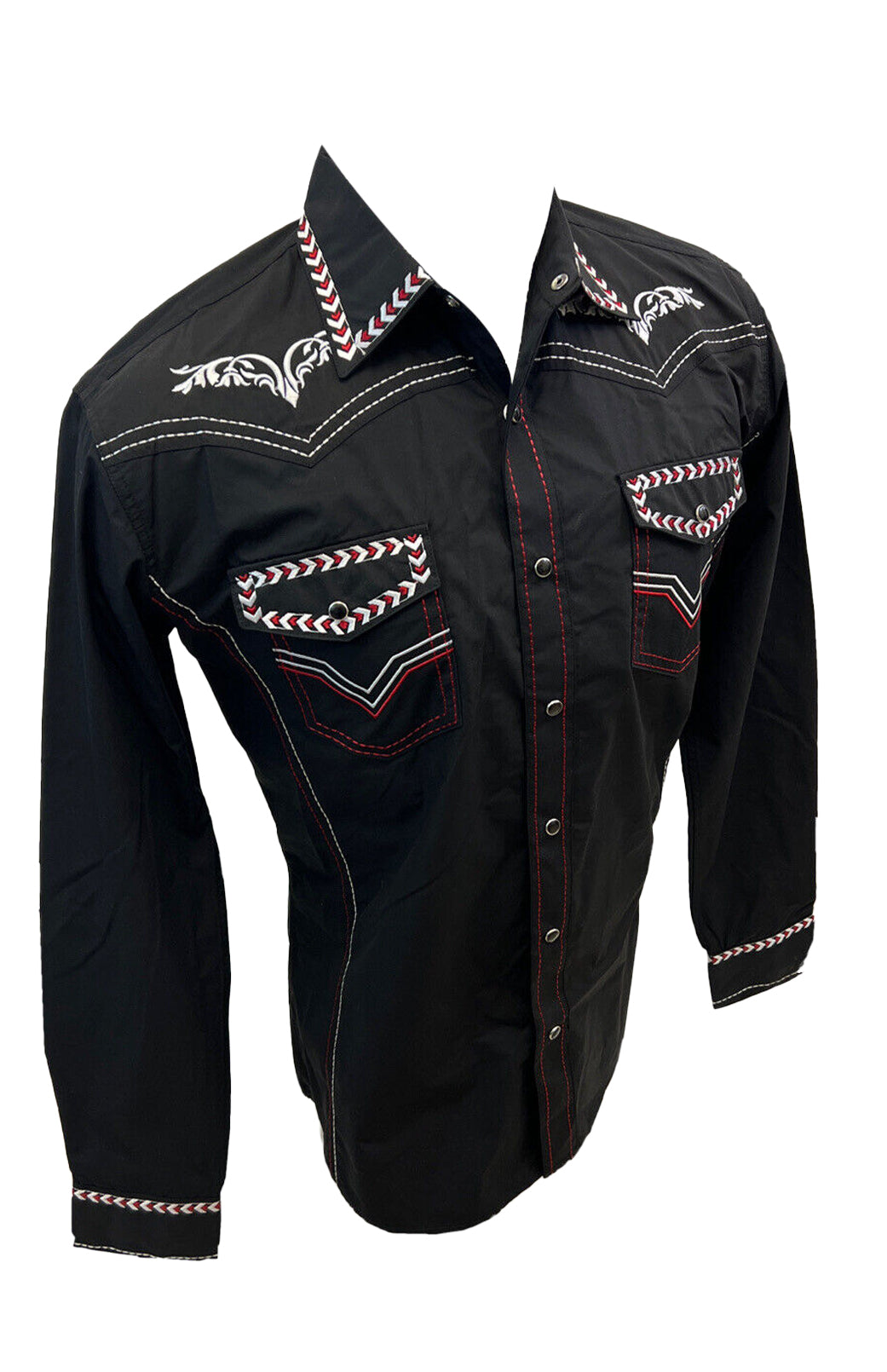 Mens RODEO WESTERN COUNTRY BLACK WHITE RED TRIBAL EMBROIDERY STITCH LUCKY Shirt Cowboy