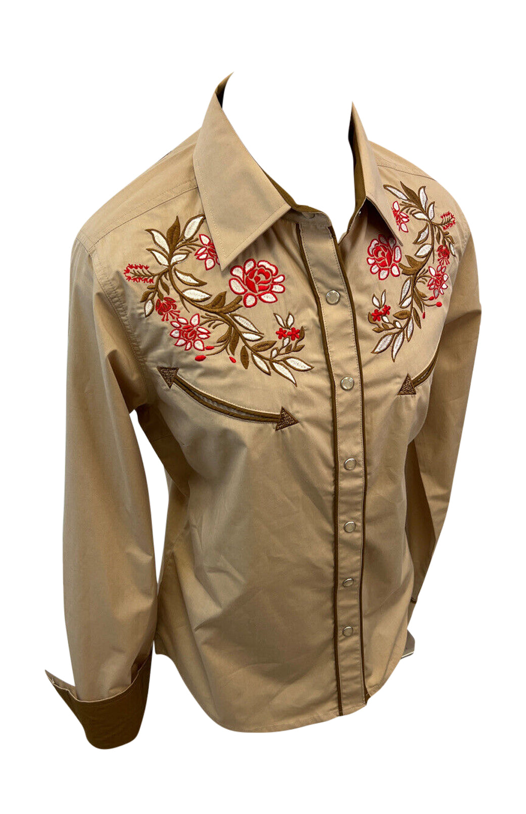 LADIES RODEO WESTERN FLORAL KHAKI RED BROWN TRIBAL STITCH Long Sleeve SNAP UP Western Cowgirl Shirt