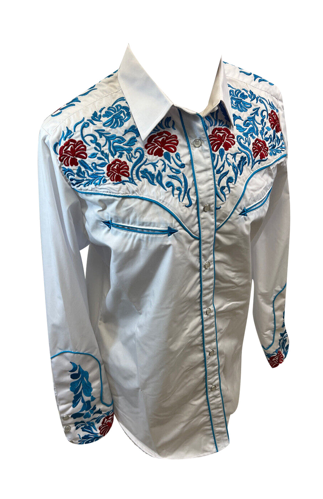 Womens RODEO WESTERN FLORAL WHITE BLUE RED TRIBAL STITCH Long Sleeve SNAP UP Western Cowgirl Shirt