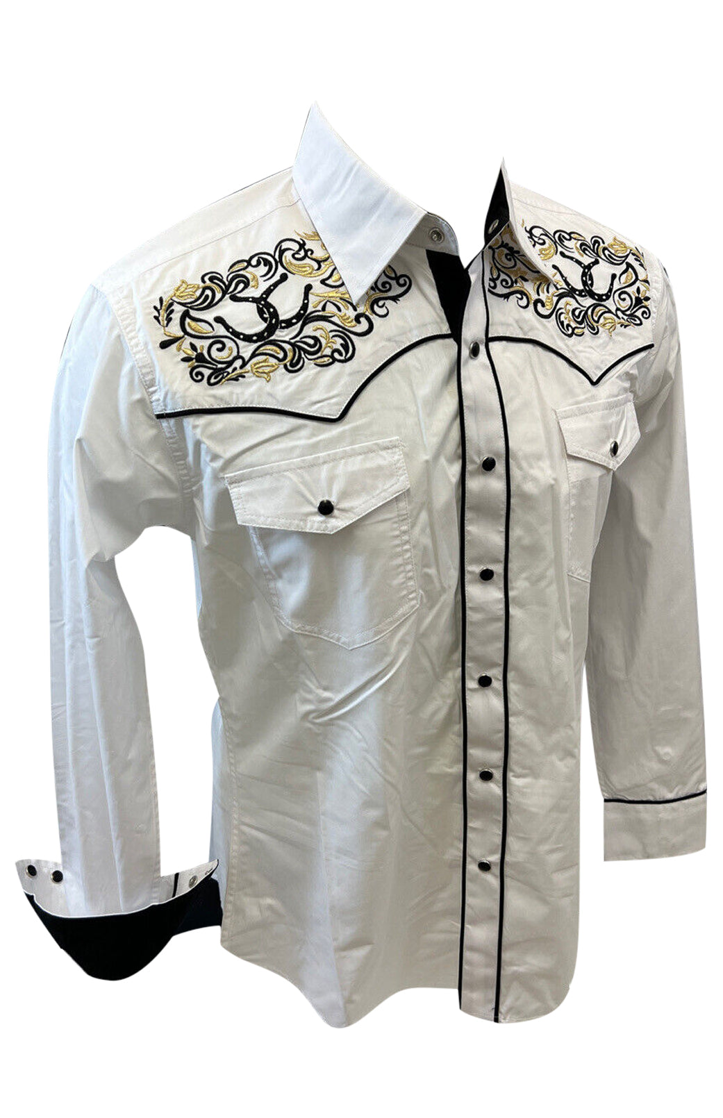 Mens RODEO WESTERN COUNTRY HORSESHOE TRIBAL WHITE GOLD BLACK STITCH LUCKY LASSO Shirt Cowboy