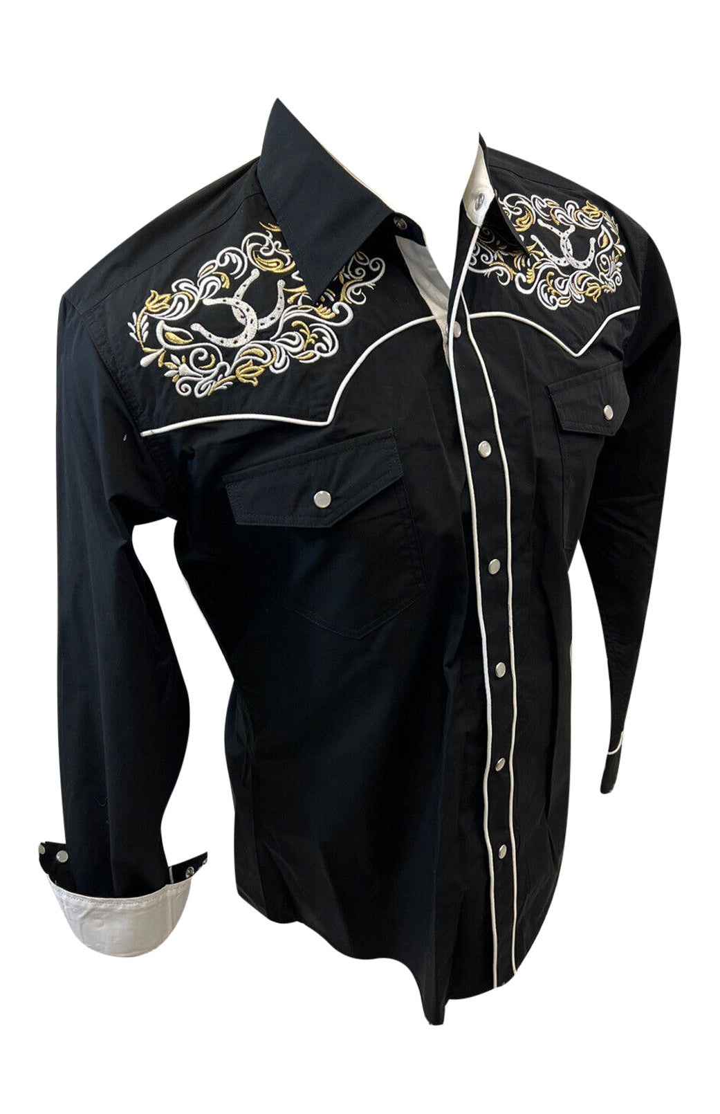 Mens RODEO WESTERN COUNTRY HORSESHOE TRIBAL BLACK GOLD WHITE STITCH LUCKY LASSO Shirt Cowboy