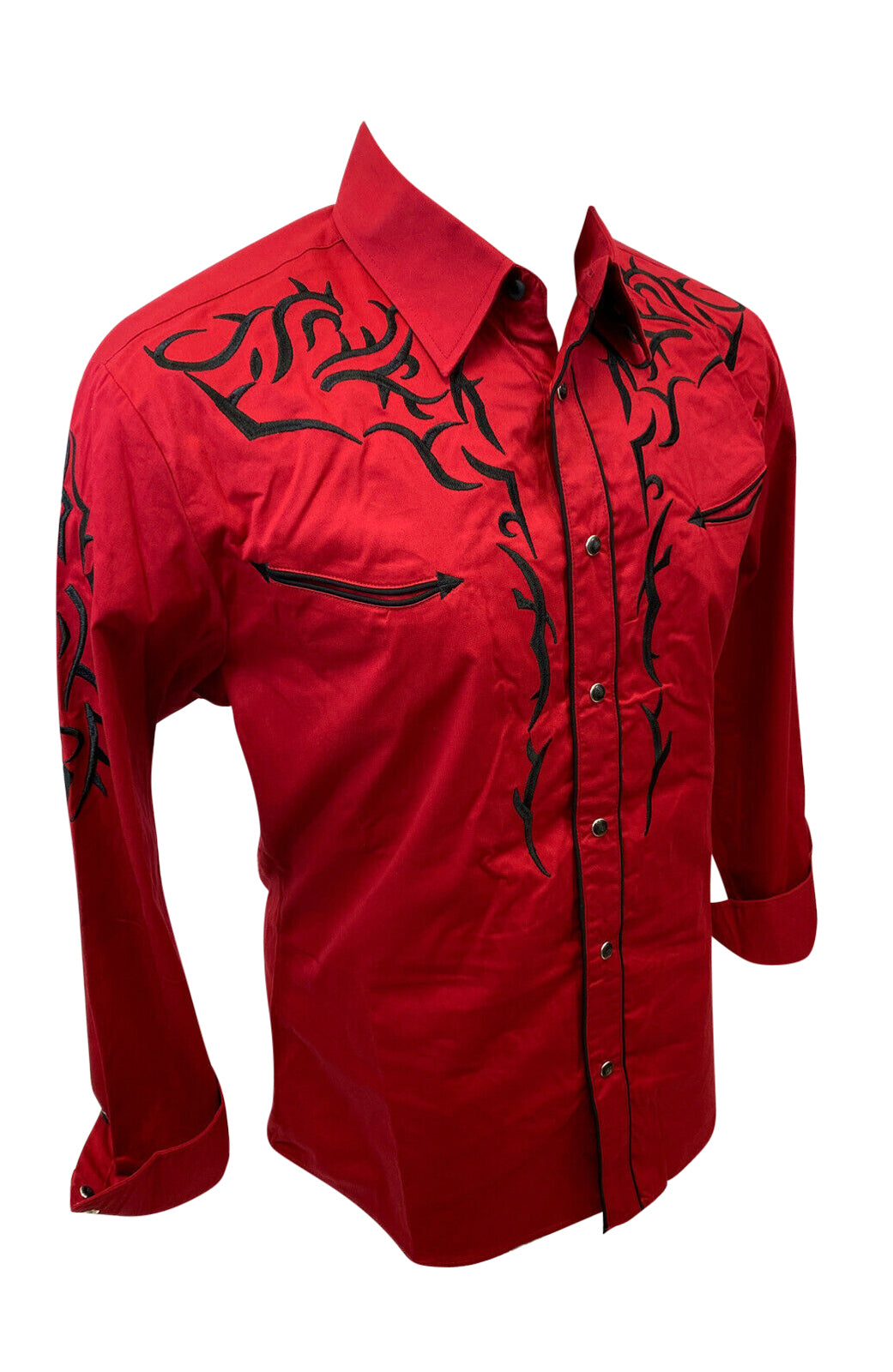 Men RODEO WESTERN COUNTRY RED TRIBAL BLACK STITCH TRIBAL LUCKY HORSESHOE Shirt Cowboy