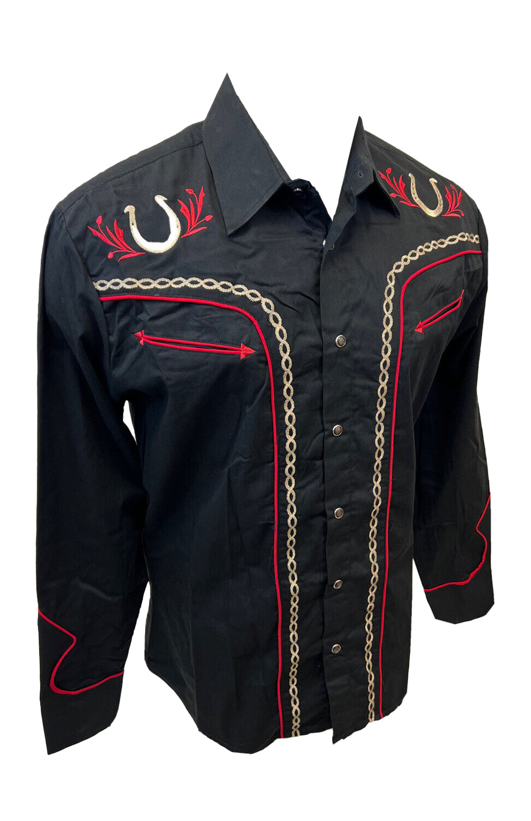 Men RODEO WESTERN COUNTRY BLACK RED LUCKY HORSESHOE Shirt Cowboy