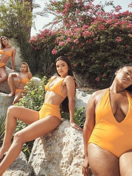 All size Models in Orange Swimsuits & Bikinis