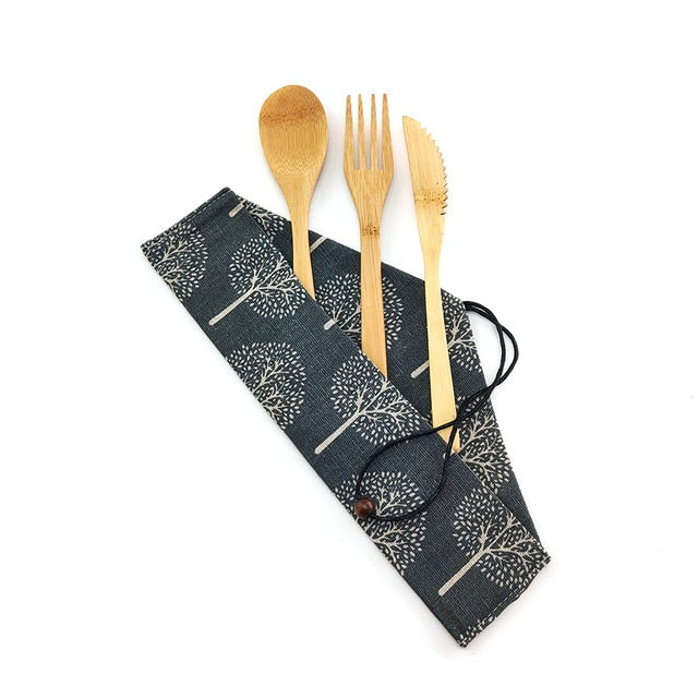 Portable Eco Friendly Flatware Set 7PCS Bamboo Cutlery Set Knife Fork Spoon Reusable Straws Chopsticks Bamboo Travel Utensils