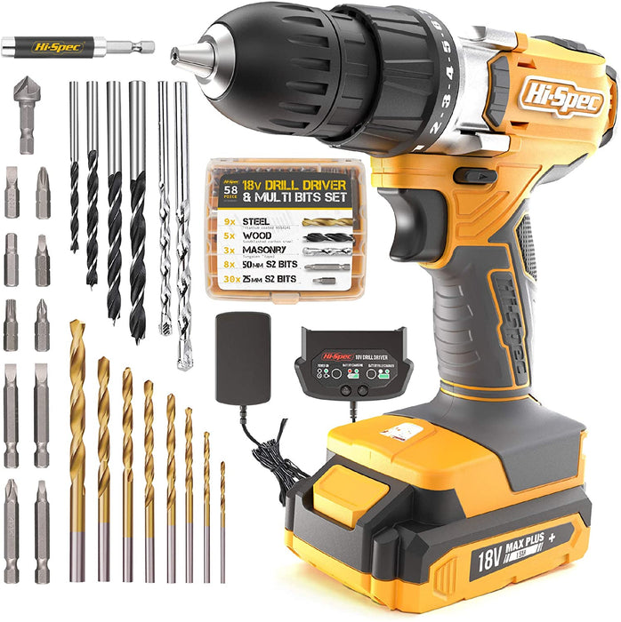 Hi-Spec 58 Piece 18V Drill Driver & Multi Bit Set. DIY Cordless Screw & Drilling Power Tool with S2 Steel Bit Set for Metal, Wood & Masonry. All in a Storage Zipper Case