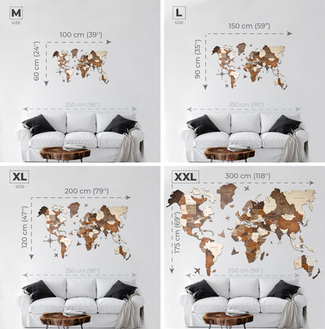 3D wooden wall map M L XL XXL size variable sizes