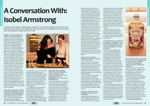 An excerpt from the Bar Magazine Awards December 2023 issue: an interview with Isobel Armstrong our Commercial Director at the Secret Garden Distillery