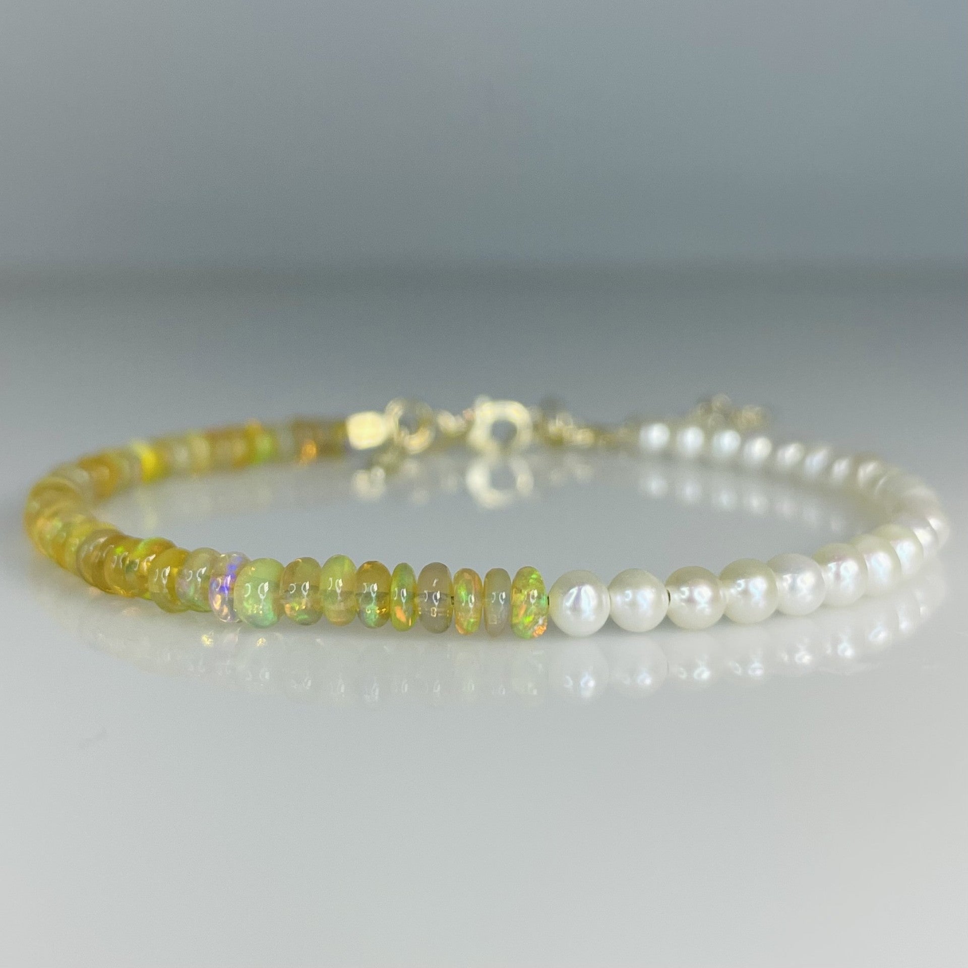 14K Yellow Gold Ethiopian Opal & Freshwater Pearl Beaded Bracelet