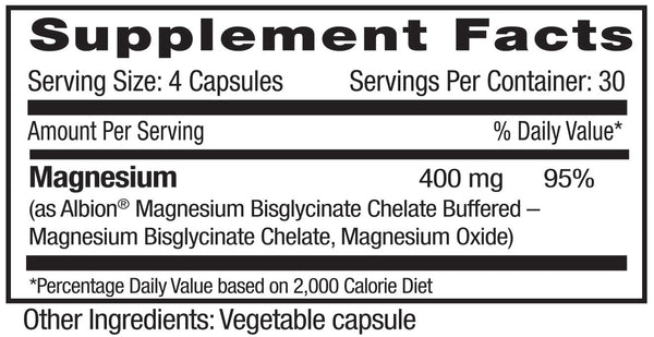 Magnesium 400mg  Albion® Chelate Doctor Formulated • Clinical Potency  NO ADDITIVES • NO GLUTEN • VEGAN