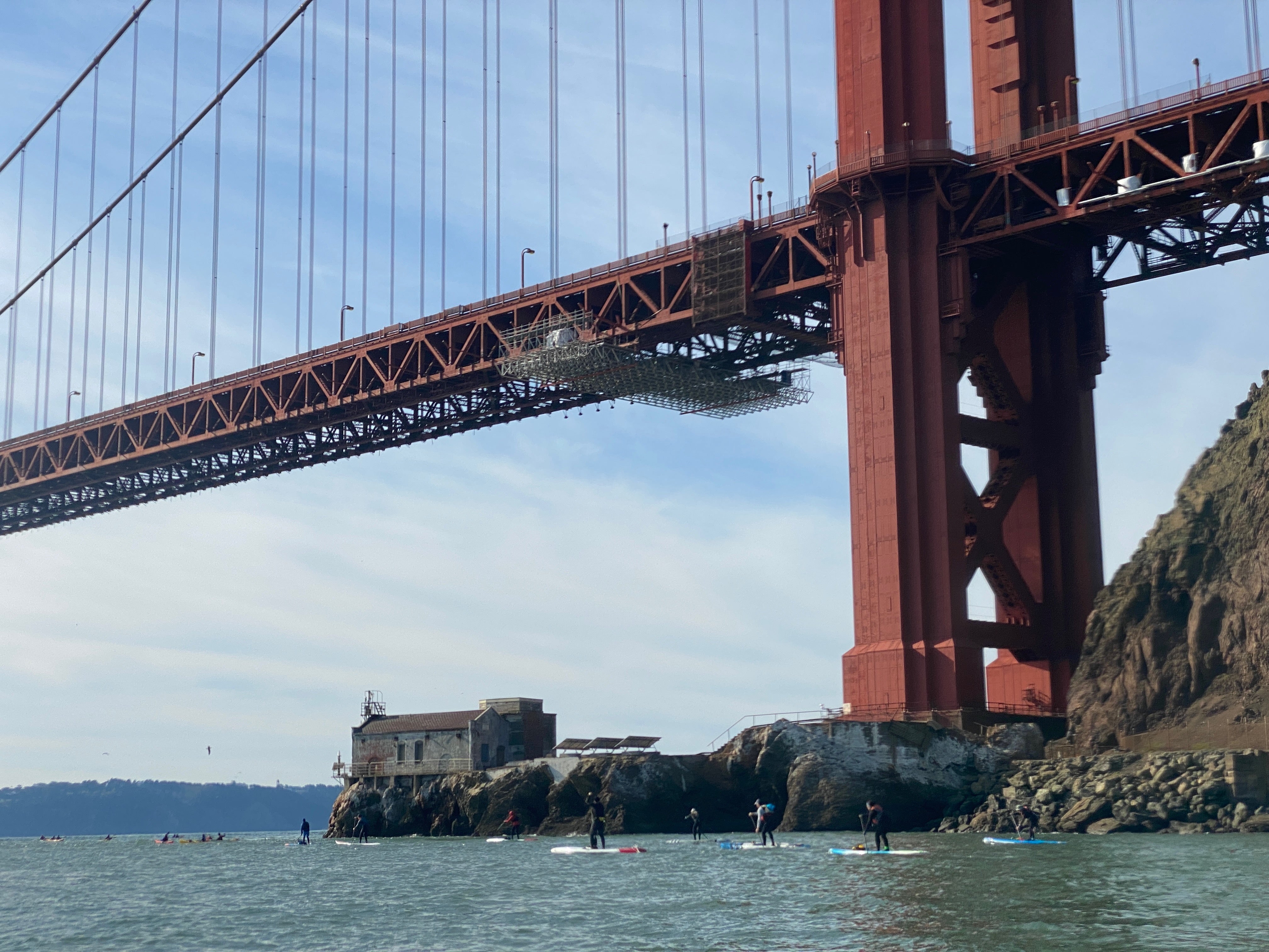 image of SUP paddle boarders under the Golden Gate Bridge