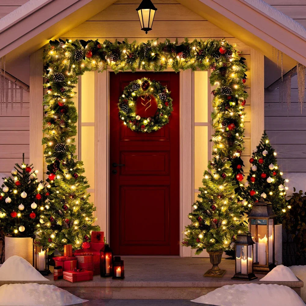 (4Pcs) Pre-lit Christmas Tree Comes With Garland, Wreath and 2 Small Christmas Trees with LED Lights