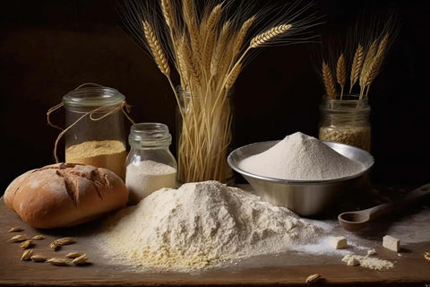 Wheat, flour and other ingredients on a wooden table