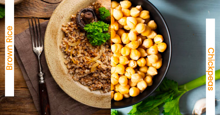 brown rice vs chickpeas in a bowl