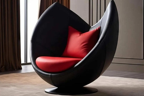 Black lounge chair with red seating and pillow