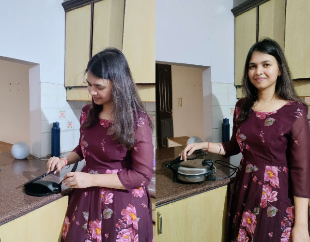 A girl testing manual roti press and an electrical roti maker